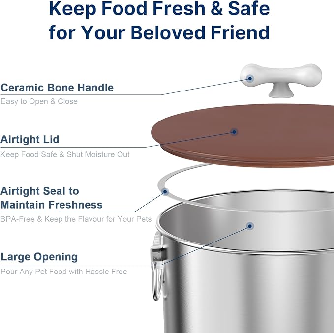 35 Lbs Stainless Steel Dog Food Storage Container with Airtight Lid & Ceramic Bone Handle, Large Metal Dog Food Bin for Dogs & Cats, Keep Fresh, Easy to Clean