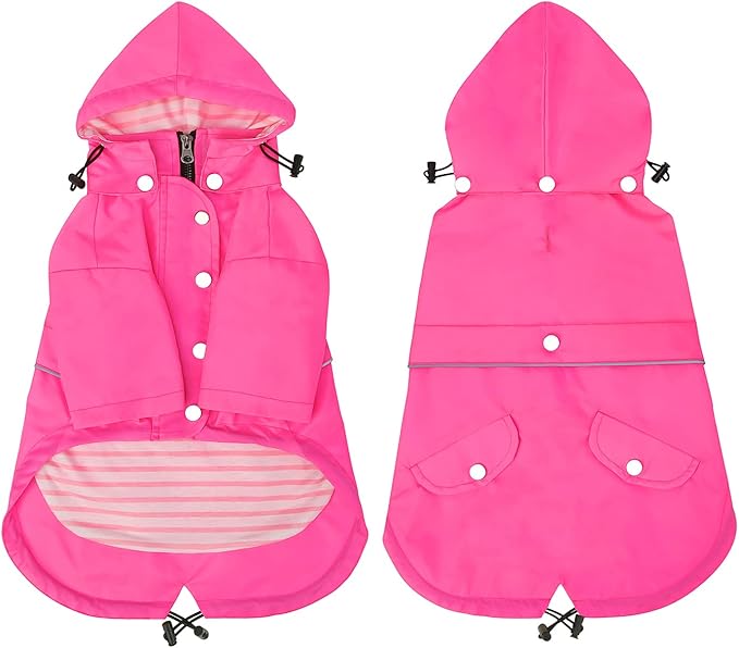 HDE Dog Raincoat Poncho Double Layer Zip Rain Jacket with Removable Hood, Leash Hole for Small to 3XL Dogs and Puppies Pink - S