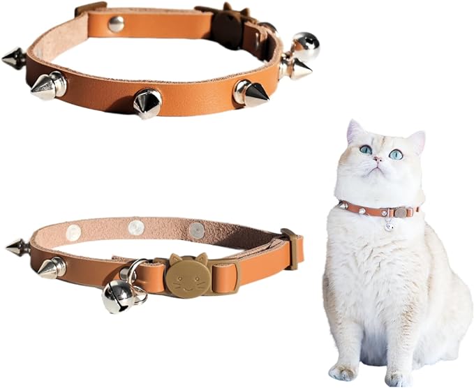 Spiked Cat Collar with Bells, Breakaway Genuine Leather Protective Collar for Kitty, Studs Spikes Punk Style Adjustable for Girl Boy Kittens Small Bunny Rabbit, 10"-12" Brown