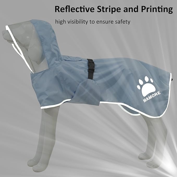 MAMORE Dog Raincoat Waterproof, Lightweight Adjustable Dog Rain Coat Hooded Poncho with Reflective Strip for Large Medium Small Dogs(Light Blue, X-Large)