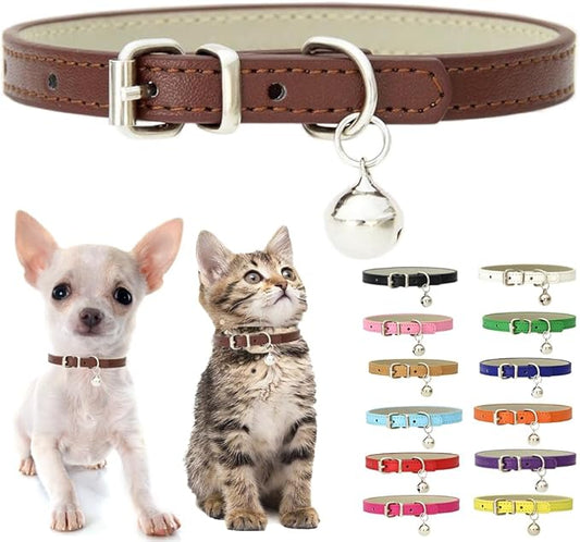 Brown Kitten Collar with Bell, Soft Pu Leather Small Dog Collars Adjustable Buckle for XXS XS Extra Small Medium Tiny Female Male Boys Girls Pets Puppy Cats Teacup Yorkie XX-Small