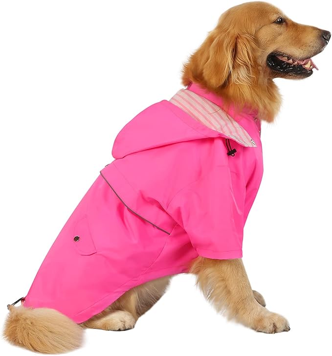 HDE Dog Raincoat Poncho Double Layer Zip Rain Jacket with Removable Hood, Leash Hole for Small to 3XL Dogs and Puppies Pink - 3XL