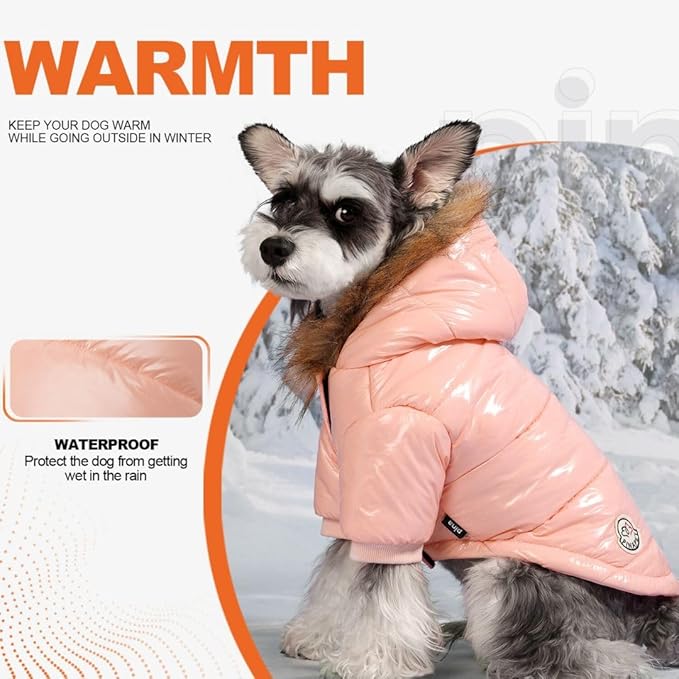 PINA Winter Coat with Faux Fur Hood, Windproof and Warm, for Small to Large Dogs, Pink, S