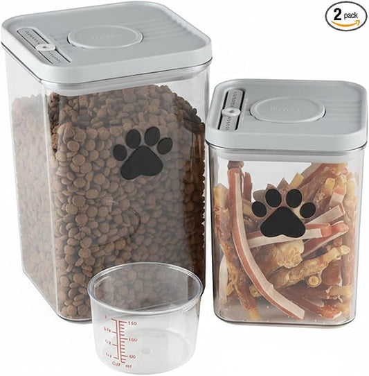 Dog Cat Food Storage Container with Scoop, 2Pack Airtight Plastic Pet Food Storage Containers,Dog Treat Container Jars Set,Treats Canister for Kitchen or Countertop,BPA Free, Clear
