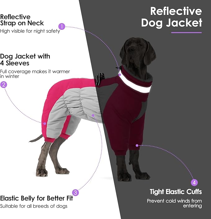 SUNFURA Full Body Dog Coat - Warm Fleece Jacket for Large Dogs, Turtleneck Winter Coats with Harness, Reflective Dog Snowsuit Windproof Puffer Jackets with Legs for Weimaraner, Hot Pink XL