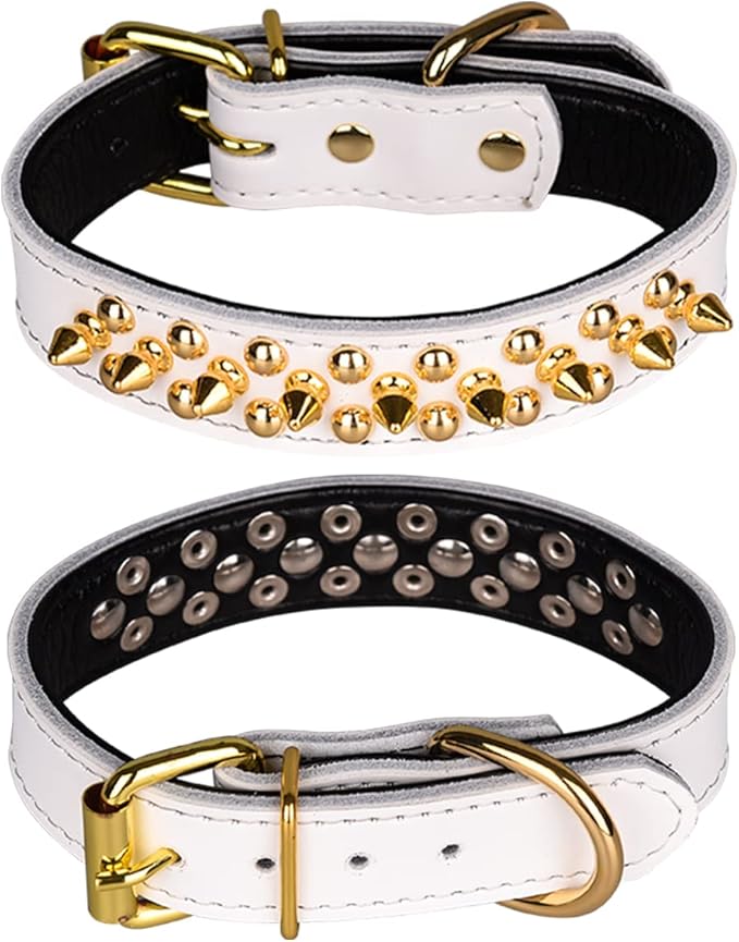 Adjustable Genuine Leather Spiked Studded Dog Collars for Small Medium Large Pets Like Pit Bull Bulldog Pugs Husky (S, White2)