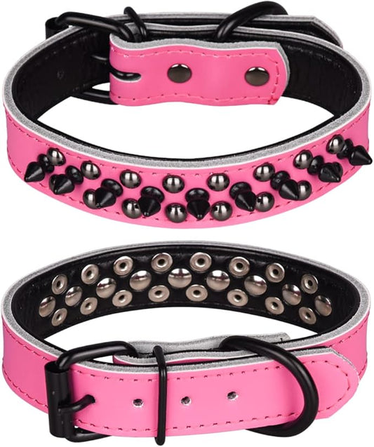 Adjustable Genuine Leather Spiked Studded Dog Collars for Small Medium Large Pets Like Pit Bull Bulldog Pugs Husky (S, Hot Pink1)