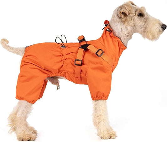 Mile High Life Waterproof Dog Raincoat, Full Coverage Small Dog Rain Coat with Harness, Adjustable 4 Legs Puppy Rain Jacket with Reflective Strip and Elastic Cuffs (Orange, XS Back Length 11.4")