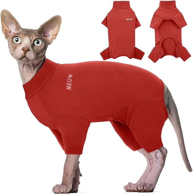 ROZKITCH Sphynx Cat Pajamas Christmas, Breathable Soft Cat Jumpers for Cats Only, Coat with Four Legs, Warm Sweater T-Shirt Pajamas Jumpsuit Vest Cornish Rex Devon Rex Peterbald Red XS