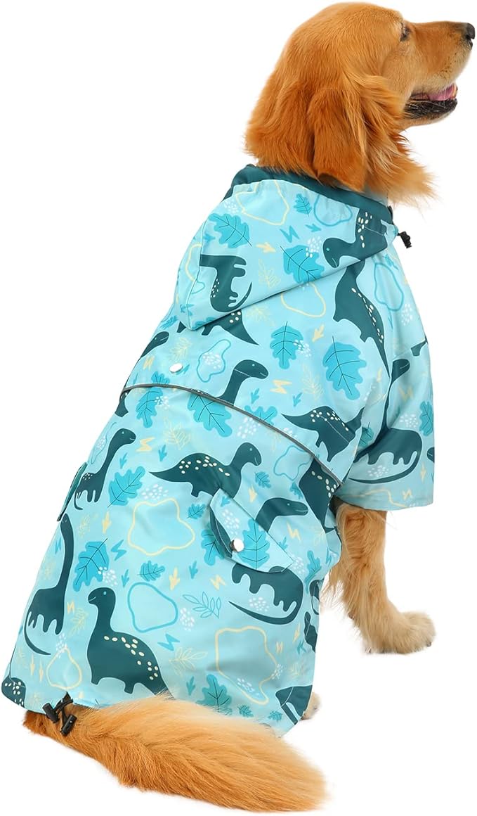 HDE Dog Raincoat Poncho Double Layer Zip Rain Jacket with Removable Hood, Leash Hole for Small to 3XL Dogs and Puppies Dinosaurs - XL
