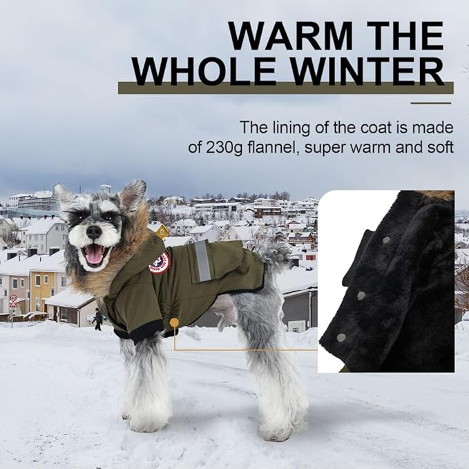 PINA Waterproof Dog Coat for Small Dogs - Winter Jacket With Warm Flannel Lining, Windproof Reflective Hoodie, Pocket, and Faux Fur Hood for Cold Weather