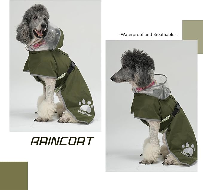 MAMORE Dog Raincoat Hooded Rain Jacket for Small Medium Large Dogs Slicker Poncho Bottom Waterproof Adjustable Reflective Breathable Leash Hole (Army Green, XX-Large)