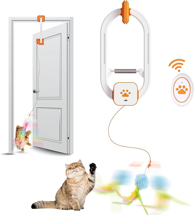 Rechargeable Electric Cat Teaser with Remote – Interactive Door Clip Toy for Cats, 2 Motion Modes (360° Spin & Irregular Jumping), Smart Auto Cat Toy for Exercise & Fun (Orange)