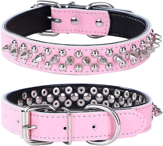 Adjustable Genuine Leather Spiked Studded Dog Collars for Small Medium Large Pets Like Pit Bull Bulldog Pugs Husky (L, Pink)