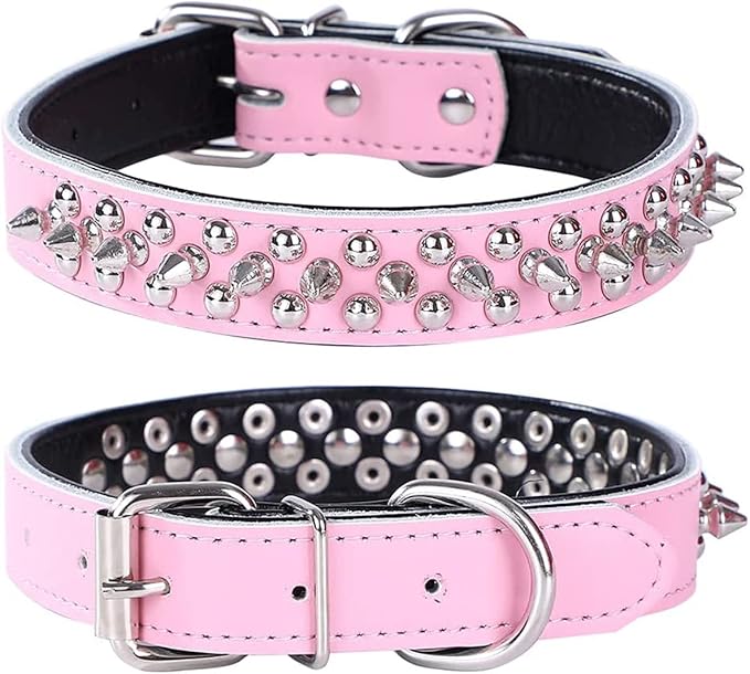 Adjustable Genuine Leather Spiked Studded Dog Collars for Small Medium Large Pets Like Pit Bull Bulldog Pugs Husky (M, Pink)
