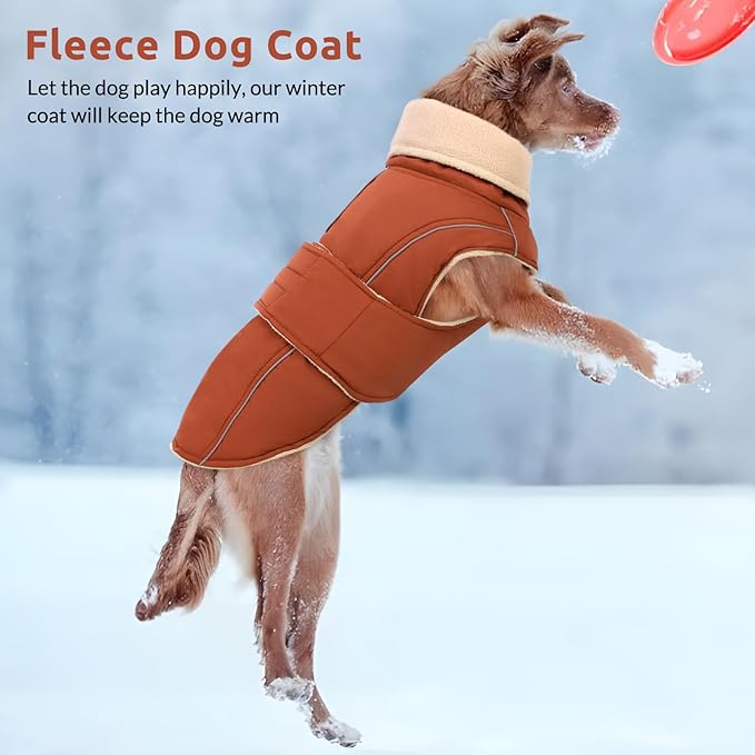 ASENKU Warm Dog Coat, Waterproof Dog Jackets for Large Dogs with Reflective Fleece Vest Turtleneck with Button,Windproof Cold Weather Coats for Small Medium Large Dogs, Red Brown, 3XL