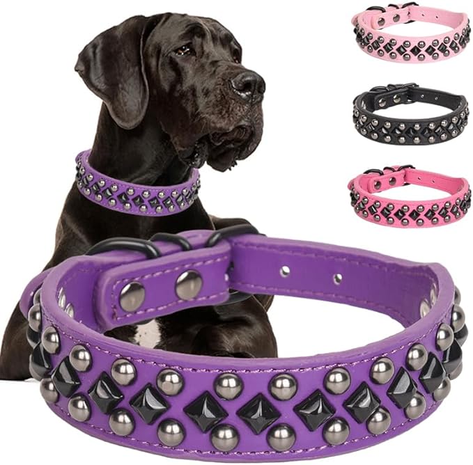 Serijoars Spiked Studded PU Leather Dog Collar for Small, Medium, Large Breeds, Pit Bull, Bully, Husky, Terrier, Adjustable (Purple, XXL (50-57CM))