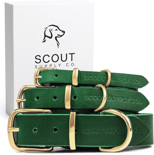 Classic Genuine Leather Dog Collar | Dog Collars for Medium Dogs, Small Dogs, Large Dogs & Extra Large Dog | Wide Dog Collar | Heavy Duty Dog Collar (Green, S: 0.5" Wide for 7.5"-10.5" Neck)