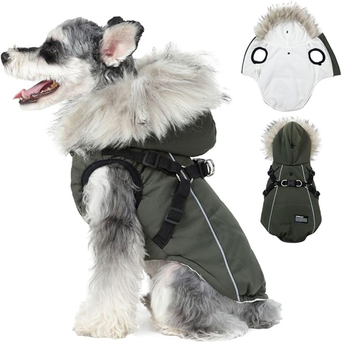 PINA Dog Winter Coat - Waterproof Jacket with Faux Fur Hood, Reflective Strap for Small to Large Dogs, Green, 2XL