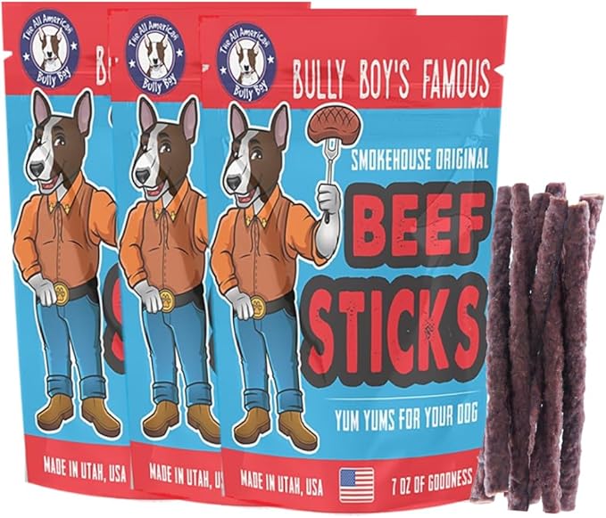 Bully Boy's Famous Beef Sticks Dog Treats | Free from Wheat, Corn, Soy, or Gluten | USA Sourced Ingredients | with Smokehouse Beef | Made in Utah | 7 oz -3 Pack