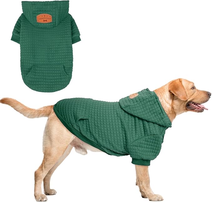 BEAUTYZOO Small Dog Hoodie Sweater with Pockets, Dog Clothes for Small Medium Dogs Boy Girl, Waffle-Like Laminated Cotton Pet Coats with Hat and Leash Hole, Green XL