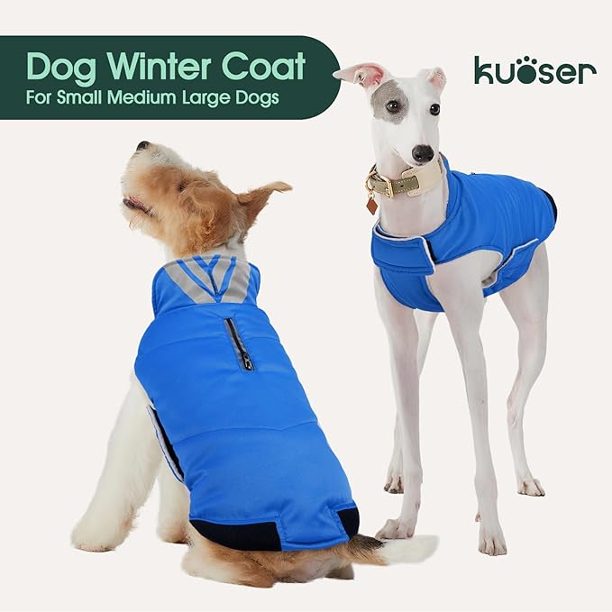 Kuoser Dog Coat Small, Cold Weather Reflective Waterproof Dogs Jacket with Warm Fleece Lining, Turtleneck Dog Winter Coat with Zipper, Doggy Snow Jacket Pet Coats for Small Medium Large Dogs, Blue XS