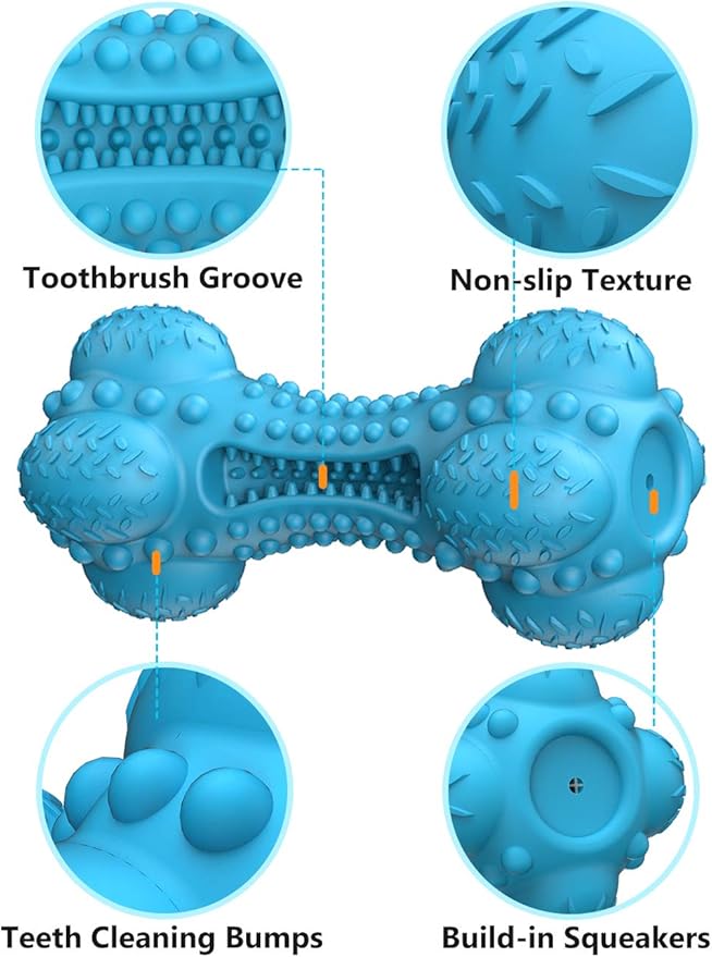 SCHITEC Squeaky Dog Chew Toy, Tough Durable Natural Rubber Bone with Toothbrush, Indestructible for Aggressive Chewers Large Medium Breed Teeth Cleaning