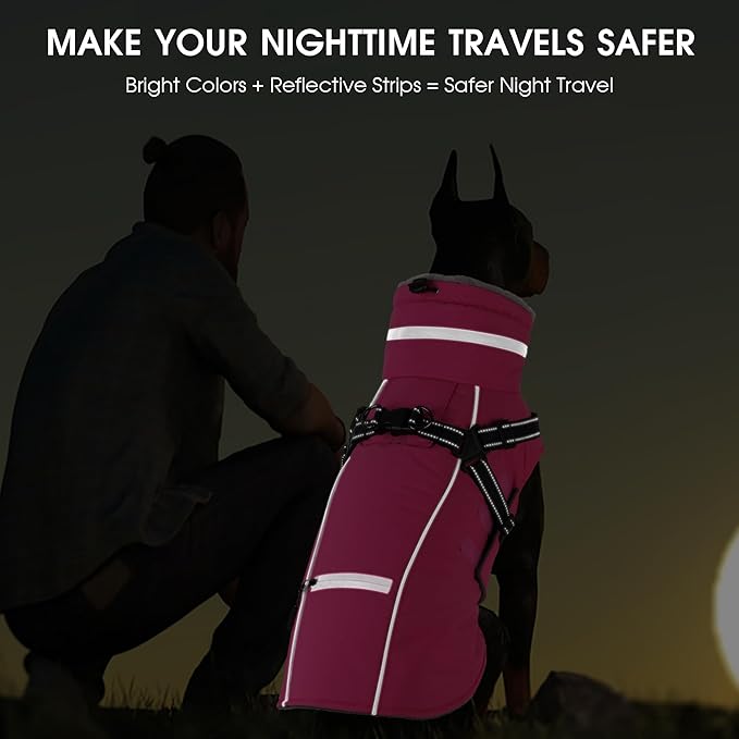 PETDSH Dog Coat Large, Built-in Harness Dog Jacket with Warm Fleece Lining, Waterproof Reflective Dogs Winter Coat, Pet Coats with Pocket and Trash Bags (Pink, XXX-Large)