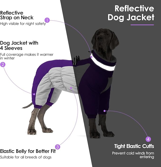 SUNFURA Full Body Dog Coat - Warm Fleece Jacket for Small Dogs, Turtleneck Winter Coats with Harness, Reflective Dog Snowsuit Windproof Puffer Jackets with Legs for Pug, Jack Russel, Purple S