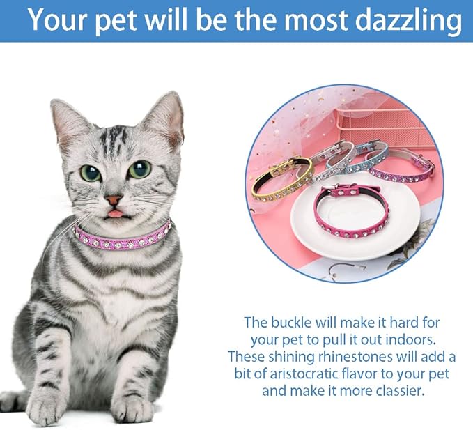 2 Pack Cat Collar Rhinestone Bling Cute Cat Collars Accessories for Pet Collars Adjustable Ideal for Girl Cats Male Cats(Silvery Pink)