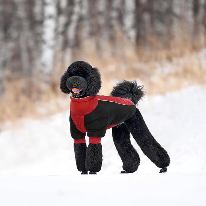 IDOMIK Reversible Dog Winter Coat, Thick Warm Dog Coat with Leopard Fleece Lining&Zipper, Adjustable High Collar Waterproof Jacket, Reflective Pet Cold Weather Coats for Large Dogs,Red,L