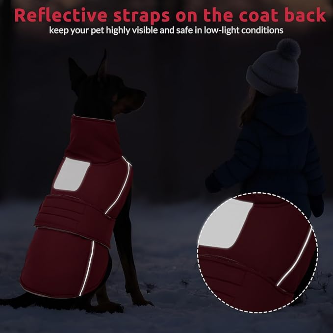 ASENKU Warm Dog Coat, Waterproof Dog Jackets for Large Dogs with Reflective Fleece Vest Turtleneck with Button, Windproof Cold Weather Coats for Small Medium Large Dogs, Dark Red, L