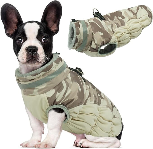 Lelepet Warm Dog Winter Coat Dog Coats for Small Dogs Waterproof Dogs Jacket with Harness Built in Reflective Cold Weather Coats Windproof Zip-Up Winter Fleece Vest Snowsuit Chihuahua Desert Camo