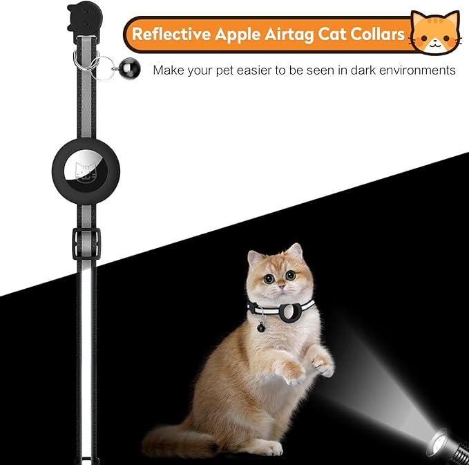 Airtag Cat Collar with Bell, Reflective Nylon Kitten Collar with Apple Air Tag Holder and Breakaway Safety Buckle for Puppy Girl Boy Cats, 3/8" in Width and Lightweight, Yellow