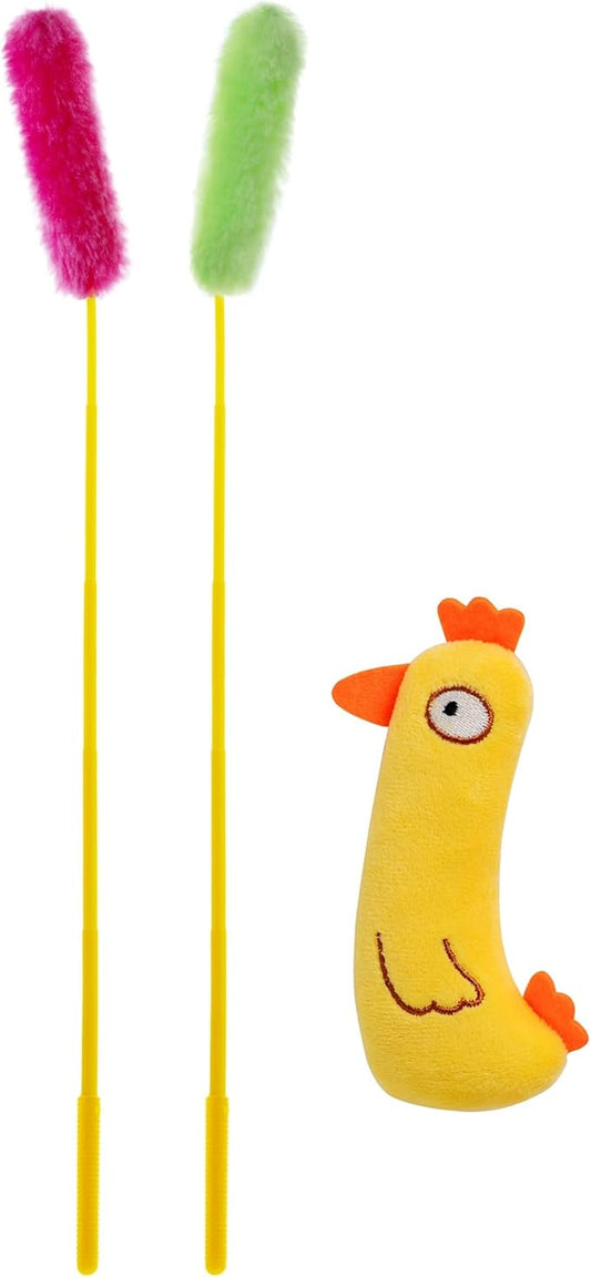 Interactive Cat Toy, A Chicken Catnip Toy and Pink & Green Plush Cat Teaser Wand Toys - Funny, Entertaining, and Stimulating Indoor Cats and Kittens Toys, 3-Piece Set
