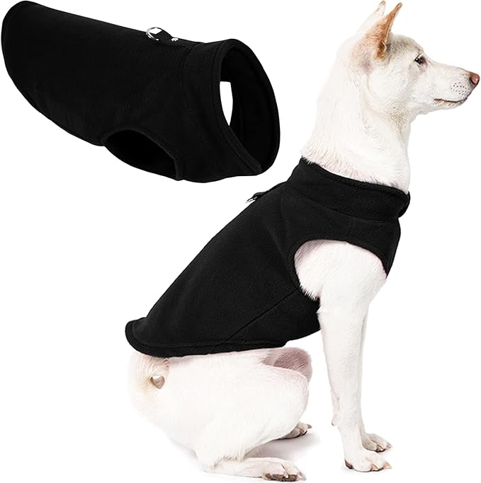 Gooby Fleece Vest Dog Sweater - Black, Medium - Warm Pullover Fleece Dog Jacket with O-Ring Leash for Small to Medium Dogs