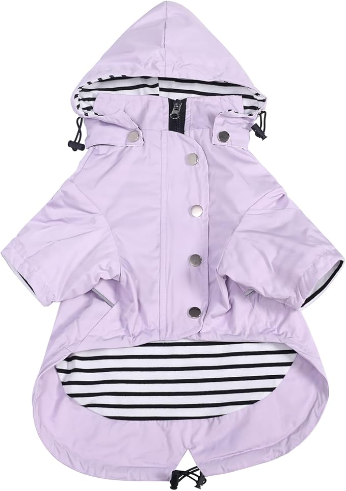 Morezi Dog Zip Up Raincoat with Reflective Buttons, Rain/Water Resistant, Adjustable Drawstring, Removable Hood, Raincoats with Legs 8lbs to 80lbs Available - Purple - XS