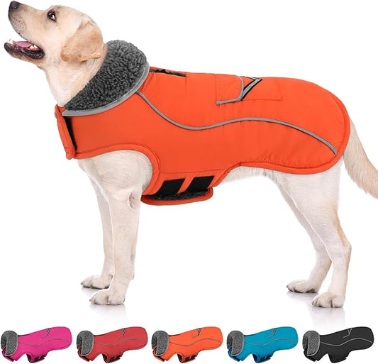 SUNFURA Dog Coat, Large Dog Jacket Reflective Winter Coat for Cold Weather, Windproof Pet Snow Jacket with Pocket, Warm Fleece Sweater Clothes for Large Dogs, Orange L