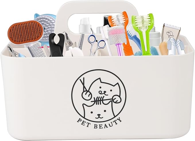 Morezi Dog grooming basket box bin in plastic small organier storage great for holding puppy cats combs shampoo brushes scissors grooming stuff in bathroom closet