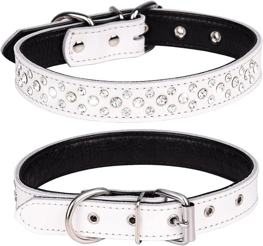 Rhinestones Dog Collar, Adjustable Sparkly Crystal Studded Genuine Leather Pet Dog Collar for Small and Medium Dogs (S, White)