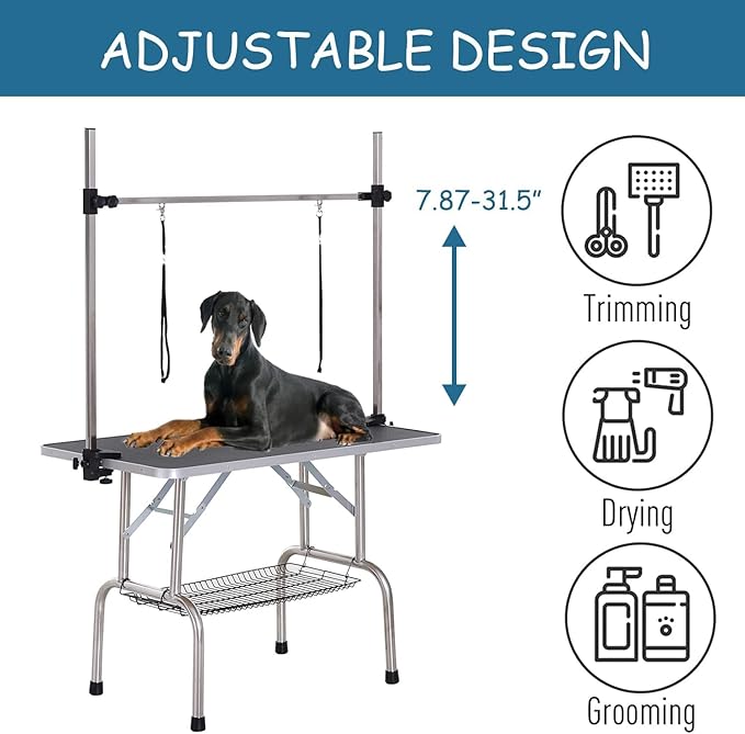 46" Dog Grooming Table Foldable Pet Grooming Tables with Adjustable Arm Noose Storage Mesh Tray Maximum Capacity Up to 330lbs Black
