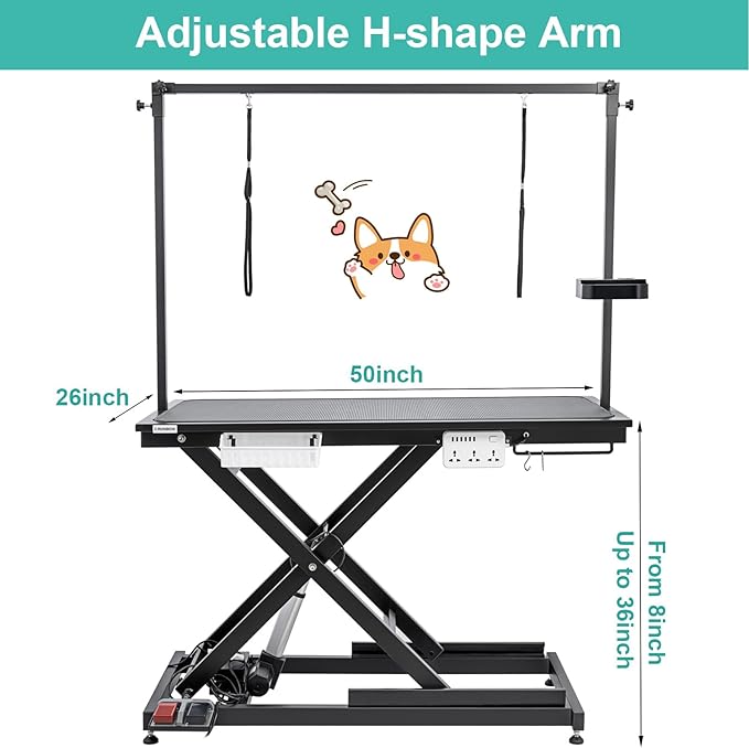 49'' Electric Dog Grooming Table, Ergonomic 400lbs Heavy Duty Grooming Table for Large Dogs at Home with 2 Nooses/Tool Organizer/Adjustable Arm/Foot Control (Black)