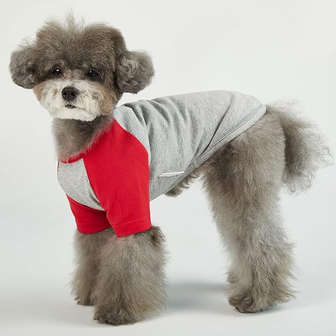 Dog T-Shirt for Small and Large Dogs, Raglan Cotton, Soft, Breathable, Grey/Red, X-Small