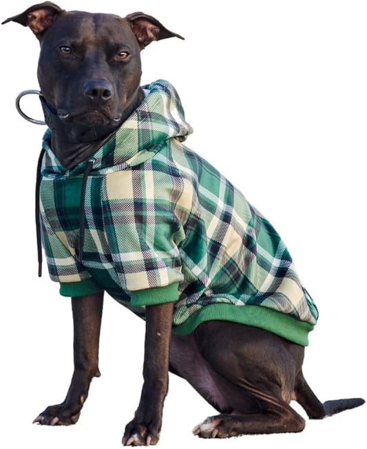 Spark Paws Dog Hoodie – Premium Dog Sweater for Small, Medium, and Large Dogs | Warm Outfits for French Bulldogs, Pitbull, Puppy, Winter Jacket Alternative - Green Plaid - 2XL