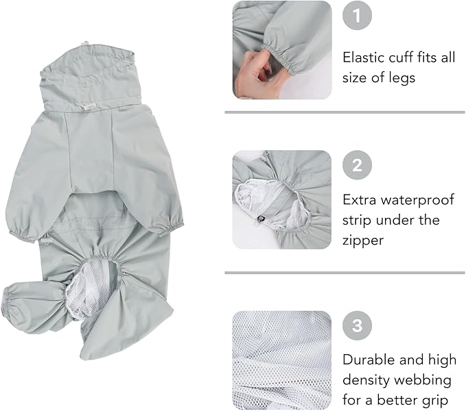 Dog Raincoat, Waterproof Coat, Light Weight & Weather Resistant Shell, Full Coverage Rain Jacket with Legs, Grey, Including Storage Bag, for Medium Breed (X-Large)