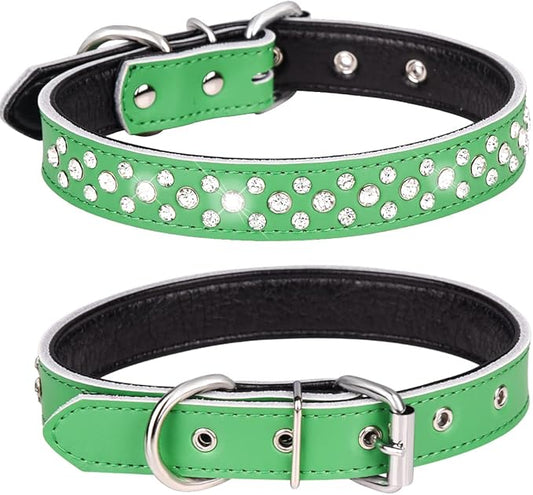 Rhinestones Dog Collar, Adjustable Sparkly Crystal Studded Genuine Leather Pet Dog Collar for Small and Medium Dogs (M, Green)