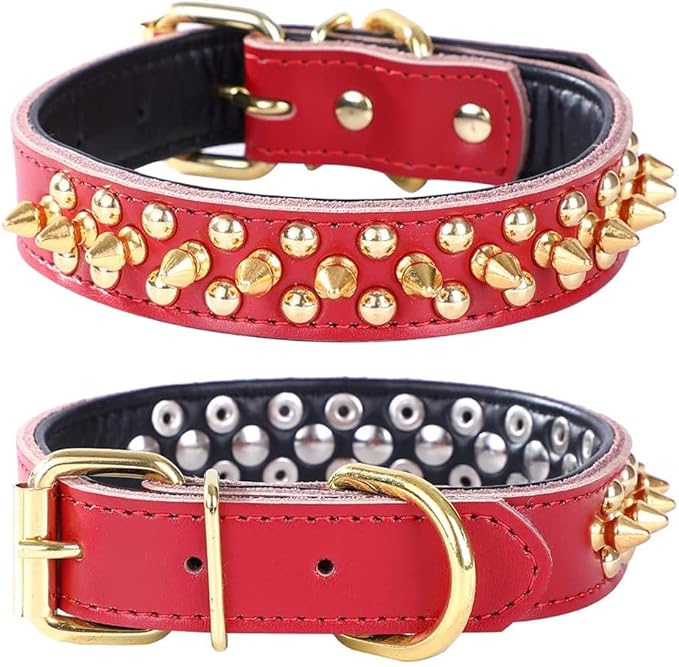 Adjustable Genuine Leather Spiked Studded Dog Collars for Small Medium Large Pets Like Pit Bull Bulldog Pugs Husky (L, Red2)