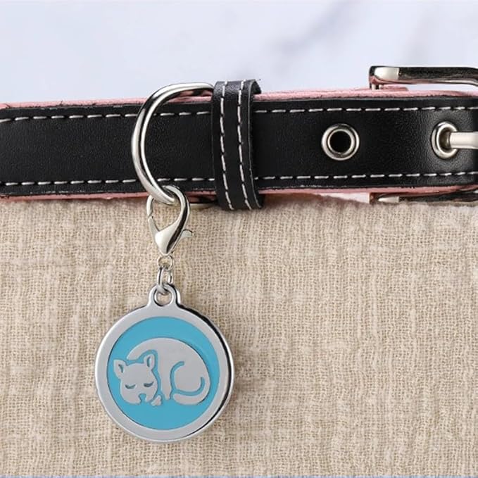 Personalized Pet ID Tags with Lobster Claw Clasp for Kittens and Cats - Small pet Tags for Cats, cat Name Tags for Collar, Custom cat id tag (Sleeping-Round-Small: Blue)