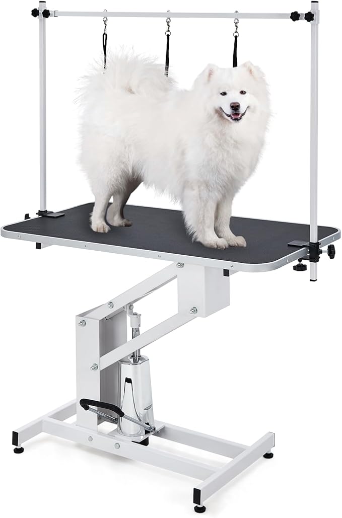 Professional Hydraulic Dog Grooming Table Heavy Duty 350Lbs, Adjustable Overhead Arm & Noose, Non-Slip PVC Top for Large Dogs, Salon-Grade Pet Grooming Station (White)