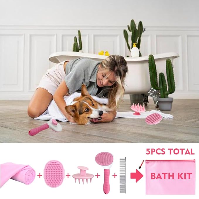Dog Bath Brush Washing Kit - 5pcs Dog Grooming Washing Brush & Drying, Adjustable Handle Scrubber Massager Bathing Brush for Long & Short Haired Dogs, Scalp Scrubber Hair Bath Brush Set Pink